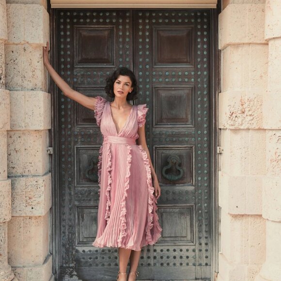 NWT | Mac Duggal 49675 Pleated Chiffon V Neck Ruffle Midi Dress Rose Pink 8 - Picture 1 of 15